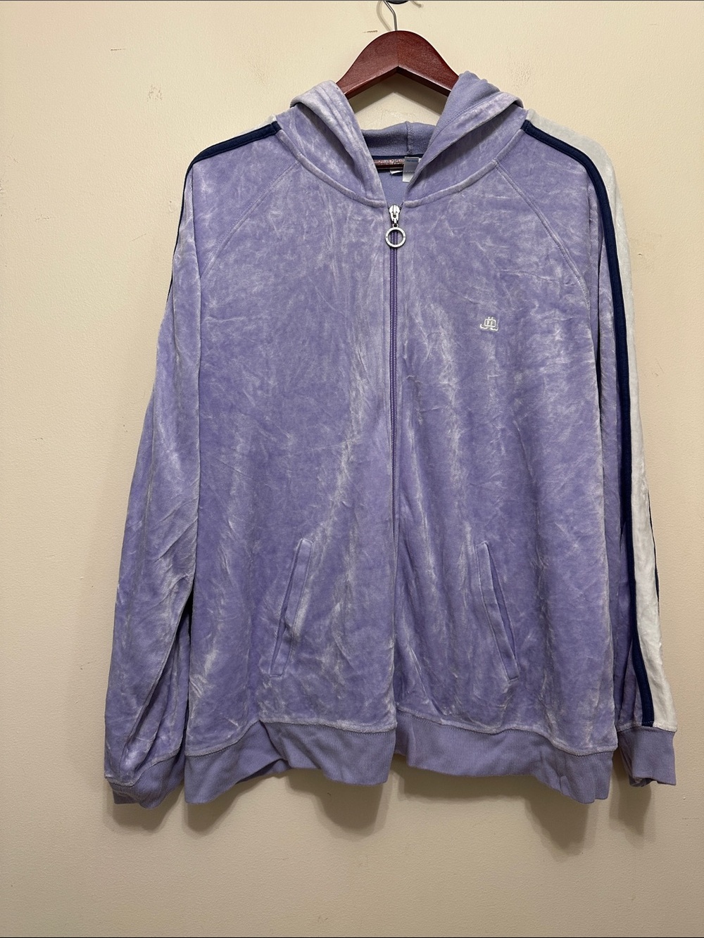 Jennifer Lopez Lavender Velour Zip Jacket with Navy & White Sleeve Stripes